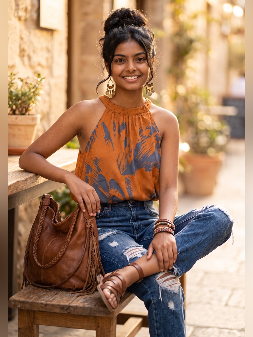 Gibson 100% Silk Rust Halter Camisole with Slate Brushstroke Print